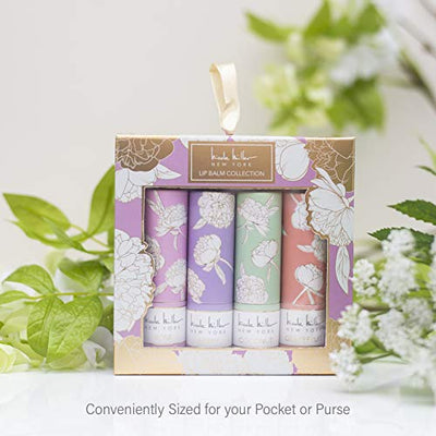 Nicole Miller 4 Pack Moisturizing Lip Balm Collection, Lip Softening Gift Set, Perfect Gift for Women and Girls (Rose, Berry, Coconut, and Grapefruit)