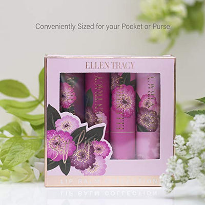 Ellen Tracy Four Piece Lip Balm Collection, Lip Softening Gift Set, Rose Gardenia, Water Lily, Cherry Blossom, and Spring Tulip Flavors