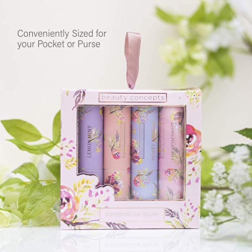 Beauty Concepts Four Piece Lip Balm Collection, Lip Softening Gift Set, (Lemon Mint, Honey Almond, Shea Coconut, and Eucalyptus)