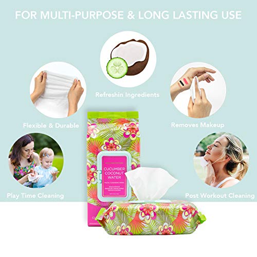 Body Prescriptions Cucumber Coconut Water Face Wipes & Makeup Remover Wipes - 2 Pack (60 Count Each) of Gentle Facial Cleansing Wipes Flip Top Pack