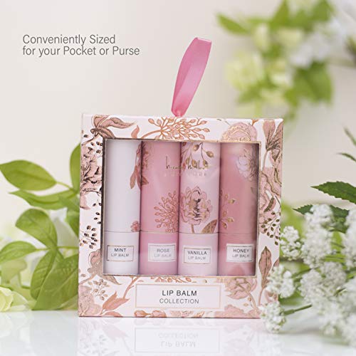 Nicole Miller 4 Pack Moisturizing Lip Balm Collection, Lip Softening Gift Set, Perfect Gift for Women and Girls (Mint, Vanilla, Rose, and Honey)