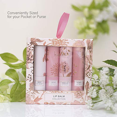 Nicole Miller 4 Pack Moisturizing Lip Balm Collection, Lip Softening Gift Set, Perfect Gift for Women and Girls (Mint, Vanilla, Rose, and Honey)