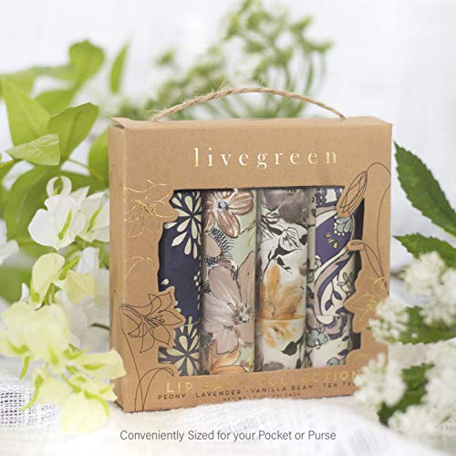 Live Green Four Piece Lip Balm Collection, Lip Butter Collection (Peony, Lavender, Vanilla Bean, Tea Tree)