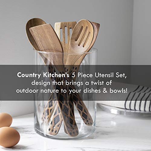 Country Kitchen 5 Piece Nonstick Utensil Set Acacia Wooden Kitchen Tools for Serving and Healthy Cooking with Black Inlay Design
