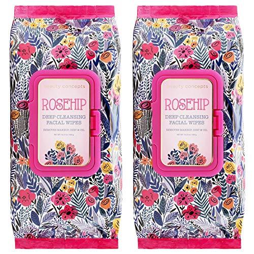 Beauty Concepts Face Wipes & Makeup Remover Wipes - 2 Pack (60 Count Each) of Gentle Facial Towelettes Flip Top Pack (Rosehip)