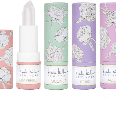 Nicole Miller 4 Pack Moisturizing Lip Balm Collection, Lip Softening Gift Set, Perfect Gift for Women and Girls (Rose, Berry, Coconut, and Grapefruit)