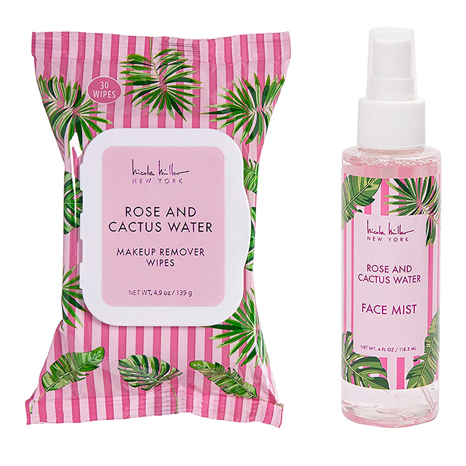 Nicole Miller Glow and Go Hydrating Skin Care Set- Facial Care Set with Makeup Remover Wipes, Face Spray, Rose and Cactus Water
