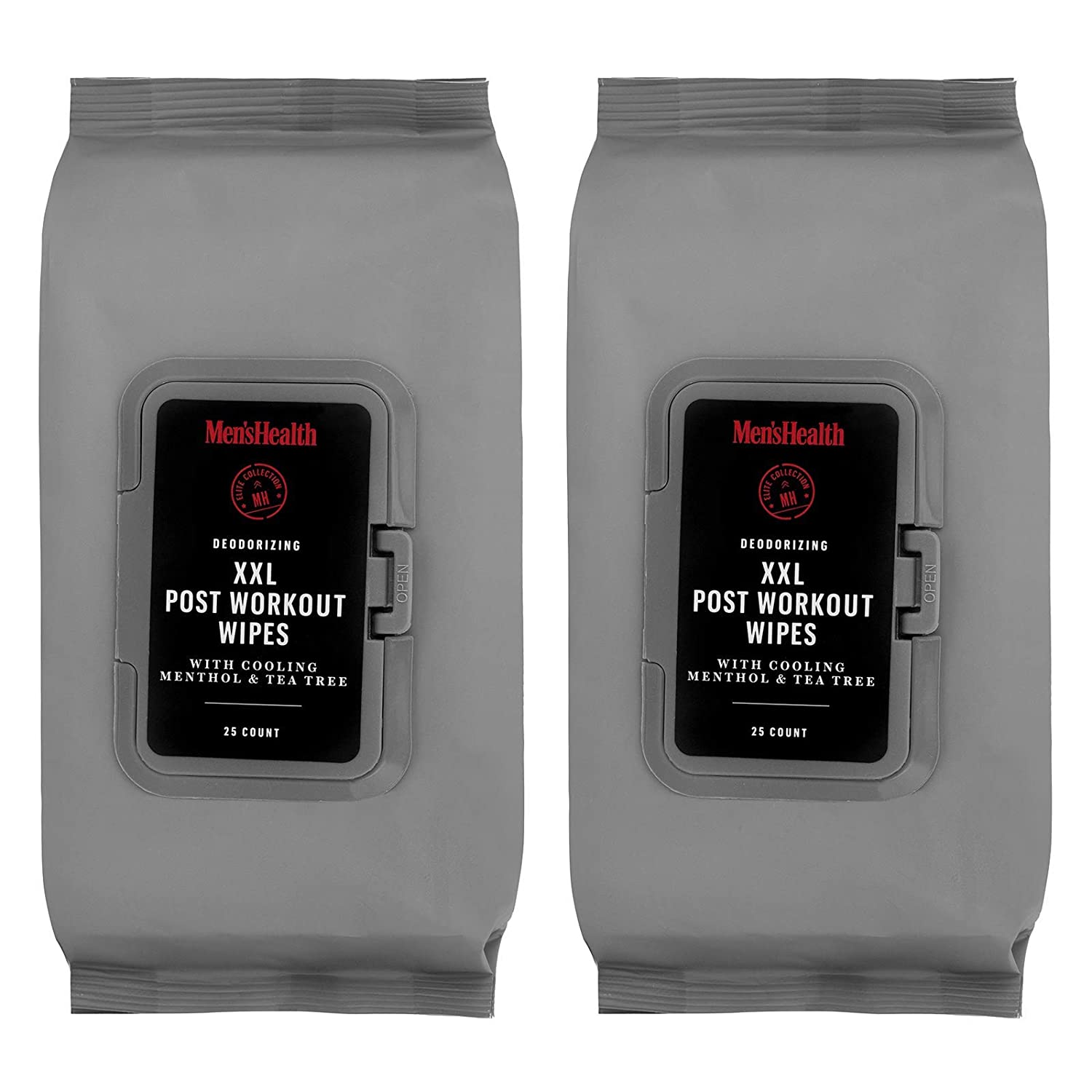 Men's Health Deodorizing XXL Post Workout Wipes with Cooling Menthol and Tea Tree, Body Wipes for Men, Gym Wipes, Shower Wipes for a Quick Cleanup - Resealable Flip Top Pack ( 2 Pack - 50 Count )