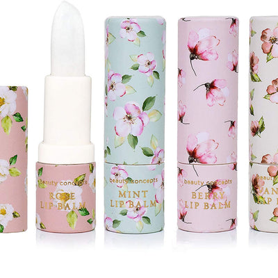 Live Green 4 Pc Lip Balm Collection, Lip Softening Gift Set (Mint, Berry, Rose and Vanilla)