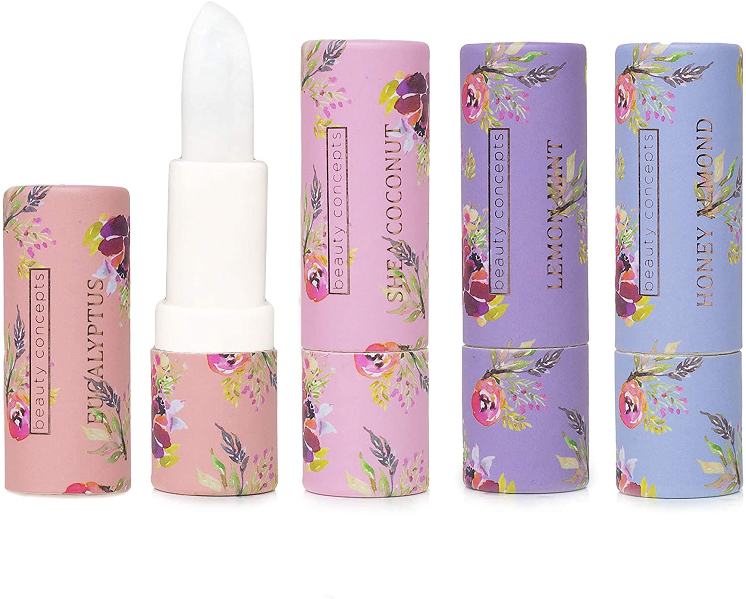 Beauty Concepts Four Piece Lip Balm Collection, Lip Softening Gift Set, (Lemon Mint, Honey Almond, Shea Coconut, and Eucalyptus)