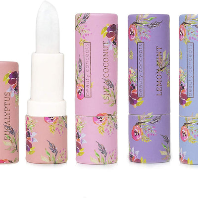 Beauty Concepts Four Piece Lip Balm Collection, Lip Softening Gift Set, (Lemon Mint, Honey Almond, Shea Coconut, and Eucalyptus)