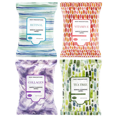 Body Prescriptions Makeup Remover Wipes Bulk, 4 Pack, 120 Facial Cleansing Cloths Removes Makeup, Mascara, Dirt and Oil (Retinol, Vitamin E, Tea Tree and Collagen )