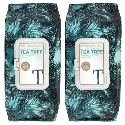 Body Prescriptions 2 Pack (50 Count Each) Tea Tree Facial Cleansing and Gentle Make Up Remover Wipes Flip Top Pack